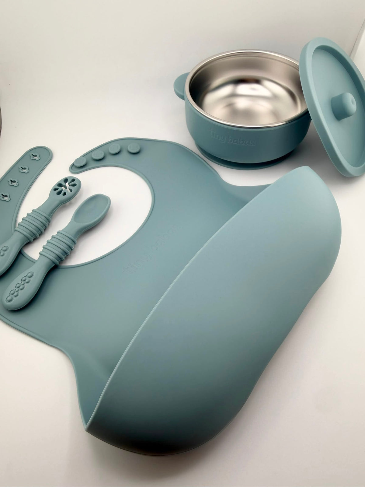 The First Tastes Bundle | Stainless Steel Bowl, Silicone Bib & Spoons