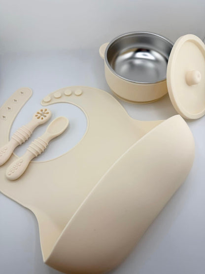 The First Tastes Bundle | Stainless Steel Bowl, Silicone Bib & Spoons